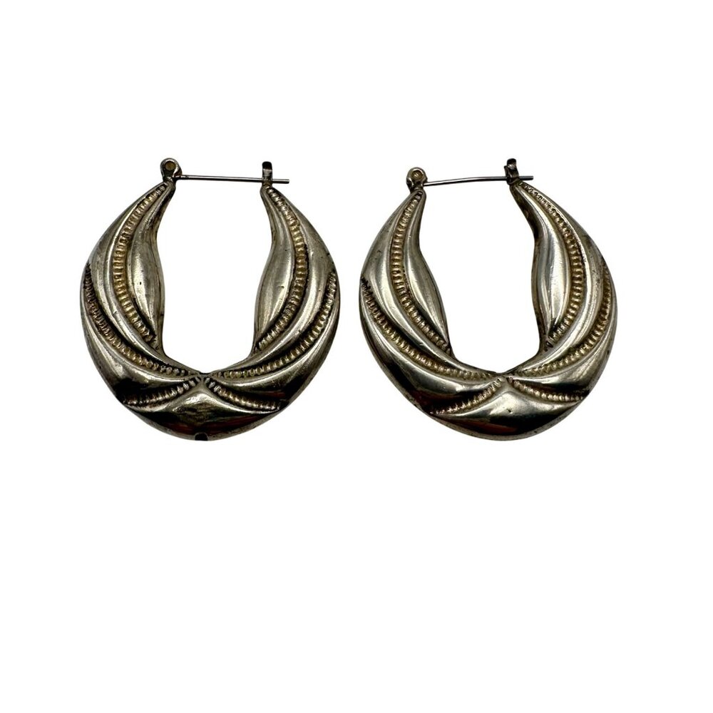 Earrings Women Silver Tone Puffed Hoops Textured Hallow Vintage
